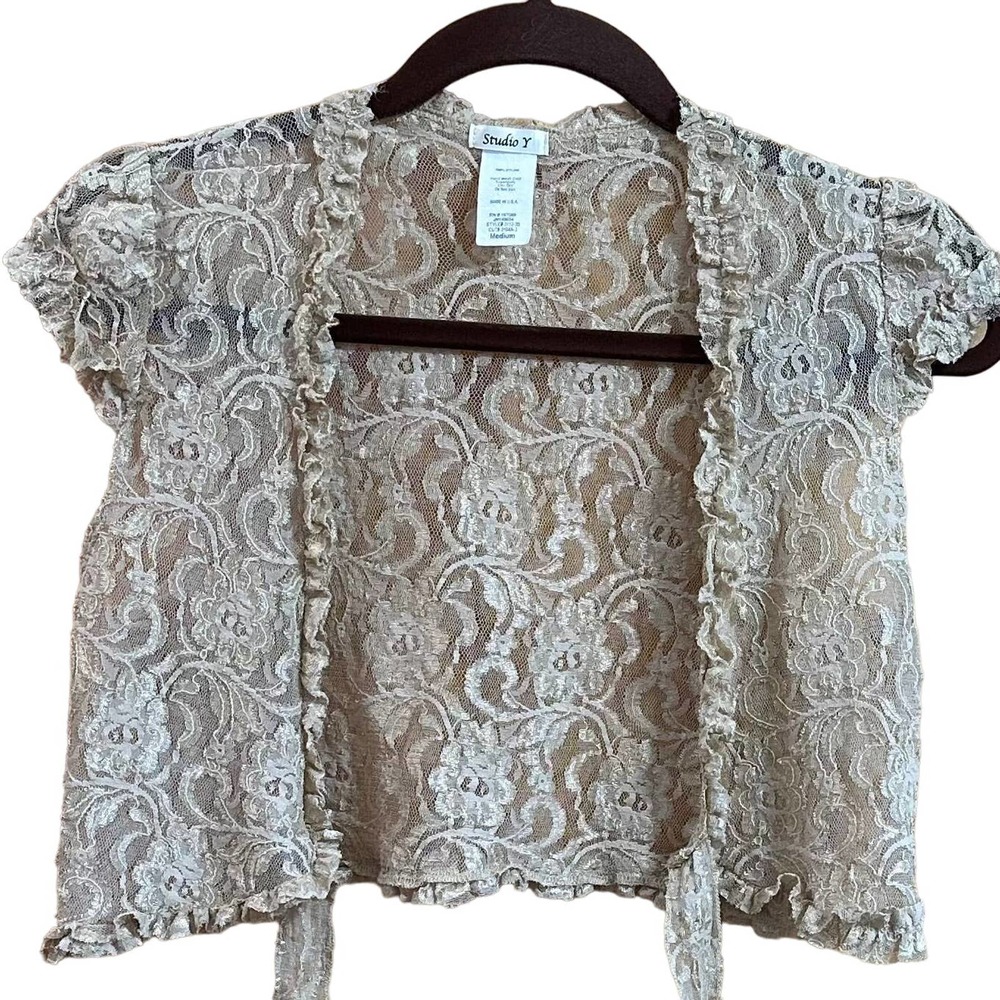 EUC, Studio Y Women’s Size Medium Gold Lace Cardigan - Picture 1 of 7